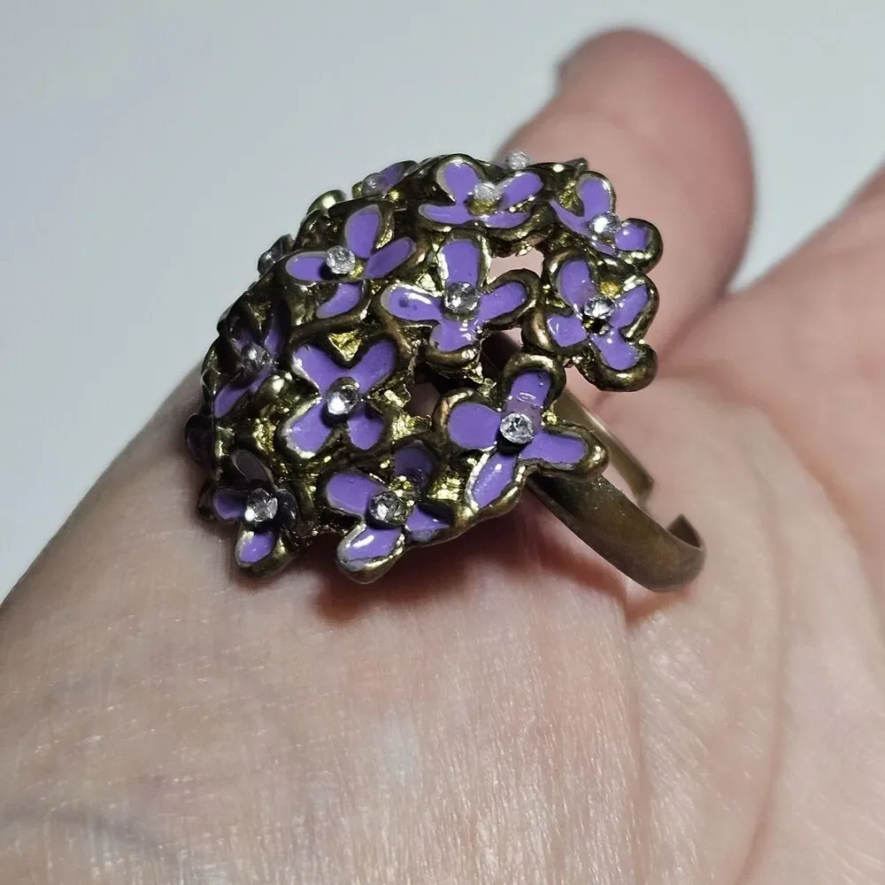 Gold Tone Purple Enamel Flower Ring With Clear Rhinestone Accents Adjustable